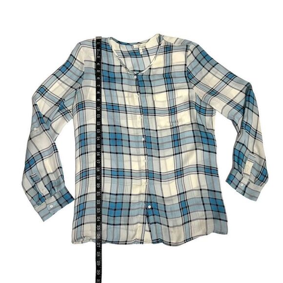 Joie Blue Multi Color Plaid Silk Shirt Medium Button Up Roll Tab Sleeves - Picture 10 of 15